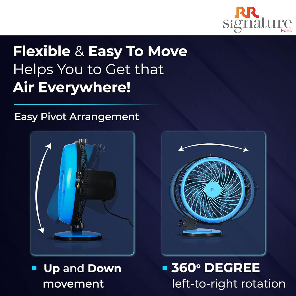 Advertisement for a flexible fan with features highlighted on a dark background.
