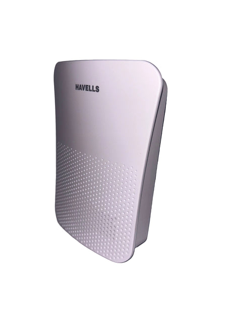 White electronic doorbell with 'Havells' branding on a gray background