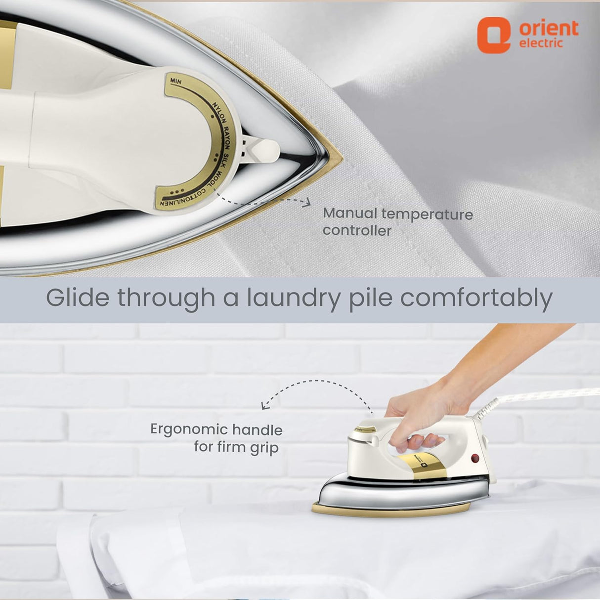 Electric iron with ergonomic handle and manual temperature controller, branded 'Orient Electric'.