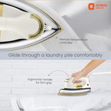 Electric iron with ergonomic handle and manual temperature controller, branded 'Orient Electric'.