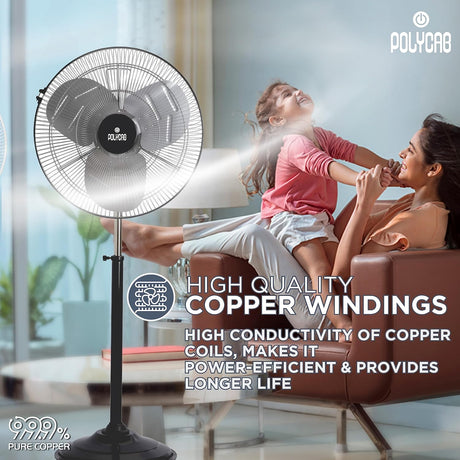 Woman and child sitting on a couch with a Polycab fan in the foreground, featuring text about high-quality copper windings.