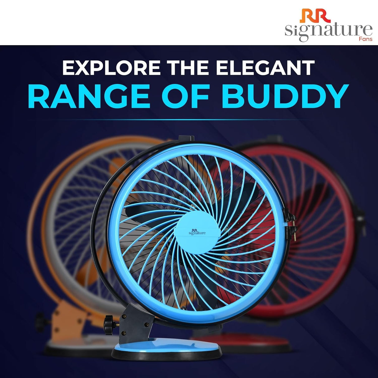 Buddy fan with blue light on a dark background, featuring RR Signature branding.