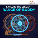 Buddy fan with blue light on a dark background, featuring RR Signature branding.