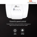 Hand dryer with RR Signature branding on a black background