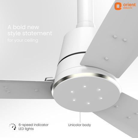Ceiling fan with 'Orient Electric' branding on a white background