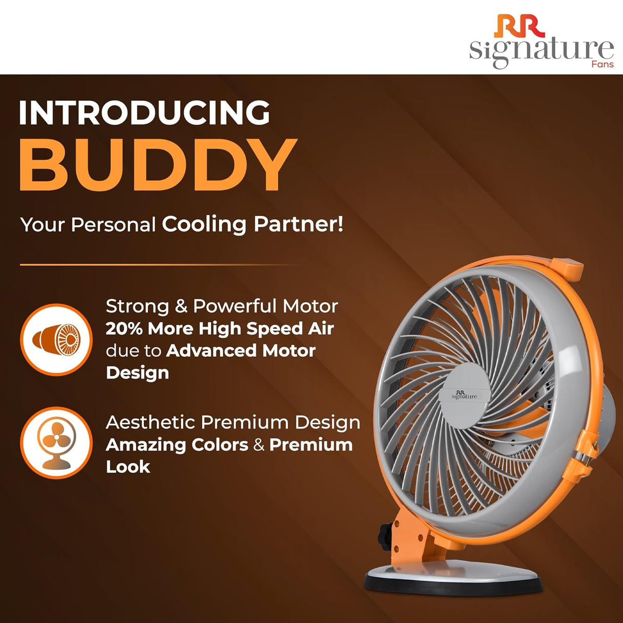 Orange and gray fan with promotional text on a brown background