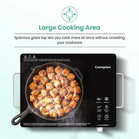 Crompton electric stove with a frying pan on it, displaying food cooking.