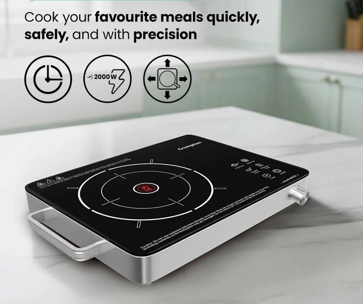 Induction cooktop on a kitchen counter with text highlighting features