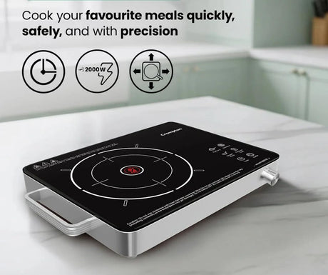 Induction cooktop on a kitchen counter with text highlighting features