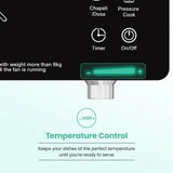 Control panel of a kitchen appliance with icons and text on a black and white background.