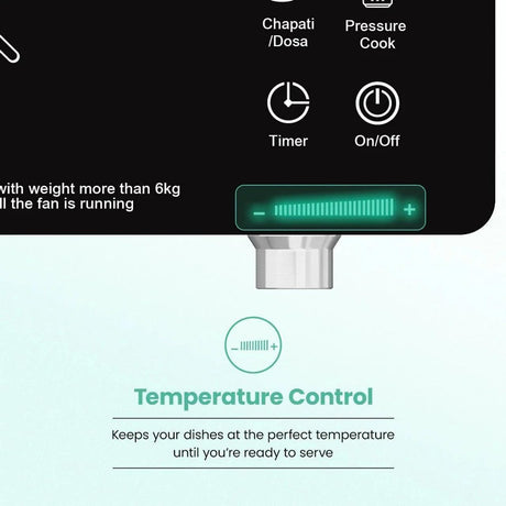 Control panel of a kitchen appliance with icons and text on a black and white background.
