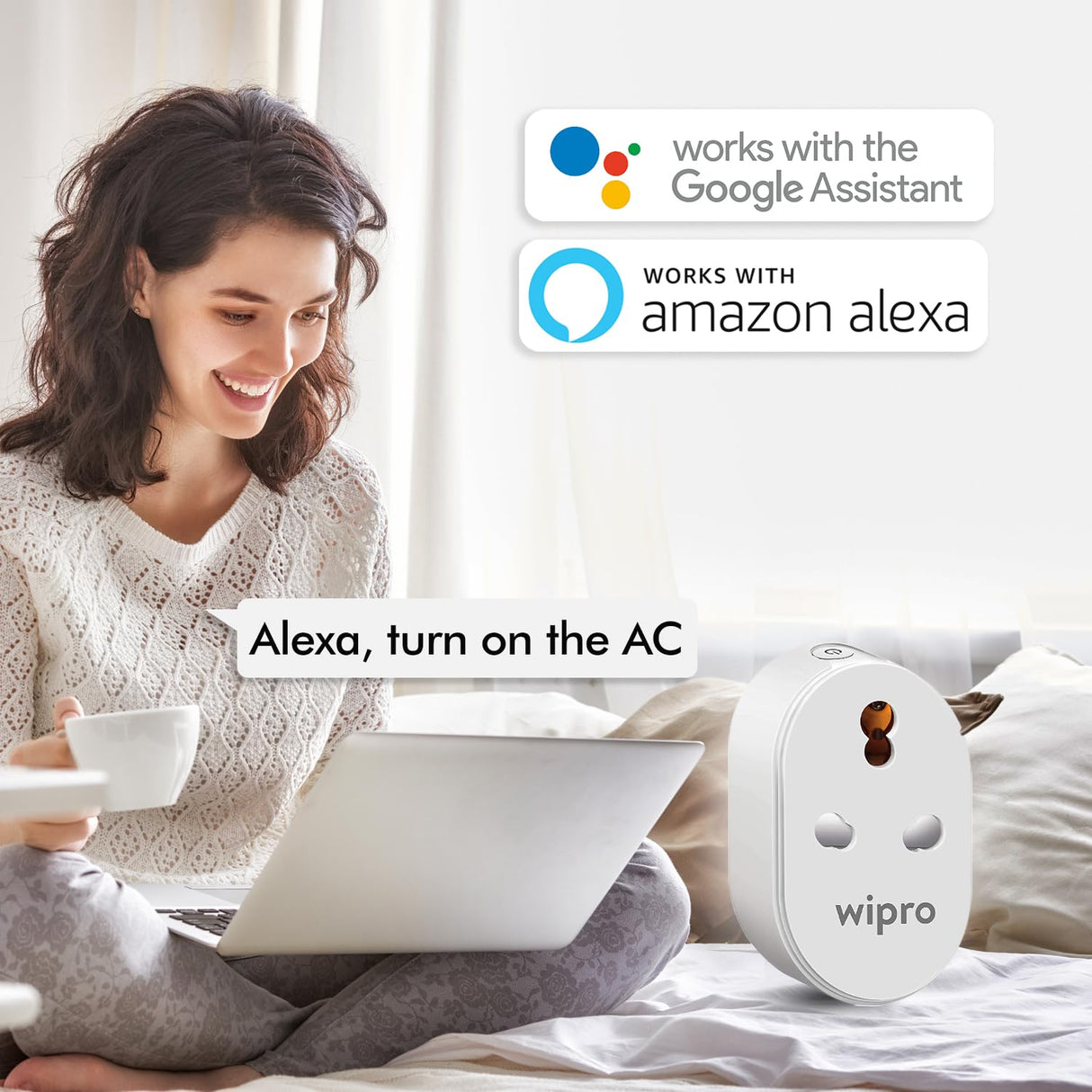 Wipro 16A Wi-Fi Smart Plug with Energy Monitoring (Works with Alexa and Google Assistant)- White