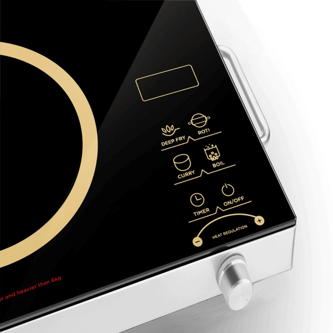 Close-up of a modern electric cooktop with control panel and display.