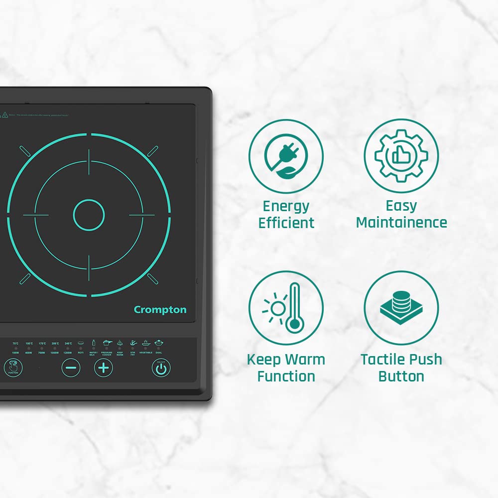 Crompton induction cooktop with features listed on a white background