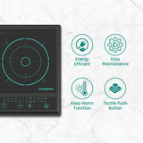 Crompton induction cooktop with features listed on a white background