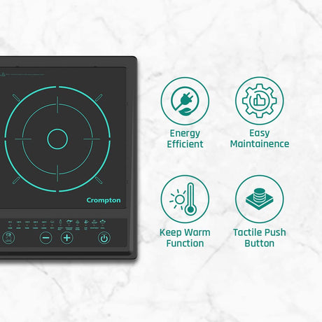 Crompton induction cooktop with features listed on a white background