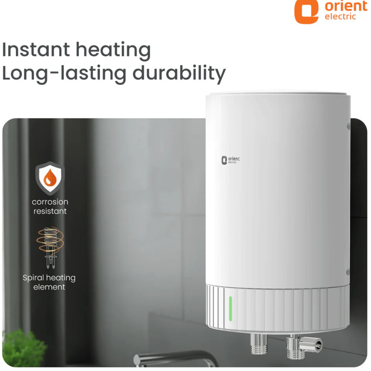 Orient electric water heater with features highlighted on a white background