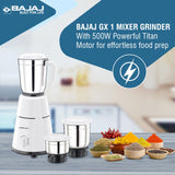 Bajaj GX-1 500 Watt Mixer Grinder with 3 Jars (White)