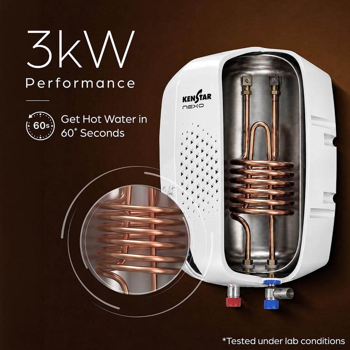 Kenstar Nexa 3kW instant water heater with a cutaway view showing the copper coil heating element, set against a dark brown background with performance text and a circular detail inset.