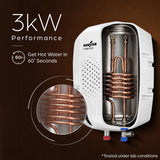 Kenstar Nexa 3kW instant water heater with a cutaway view showing the copper coil heating element, set against a dark brown background with performance text and a circular detail inset.