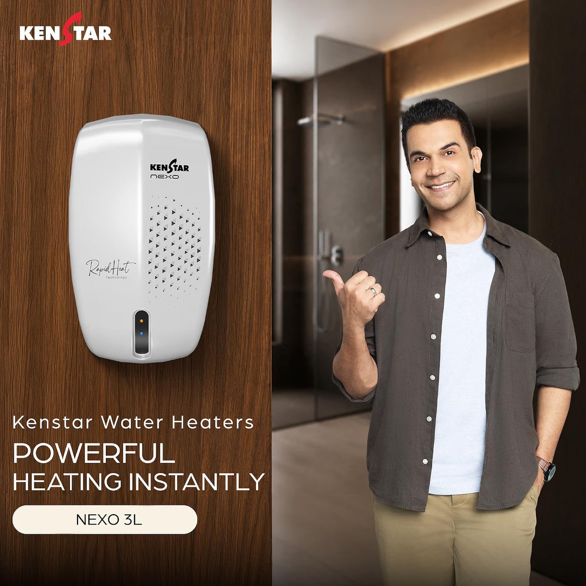 Kenstar Nexo 3L water heater shown on a wood panel next to a smiling man in a modern hallway, with promotional text reading 'KEN TAR Water Heaters POWERFUL HEATING INSTANTLY' and 'NEXO 3L'.