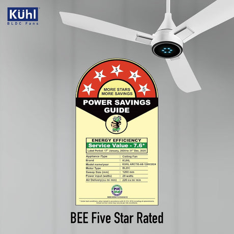 Kuhl ceiling fan with a power savings guide label on a gray background