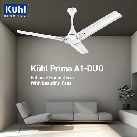 Köhl Prima A1-DUO ceiling fan in a modern living room setting with 'Köhl' branding.