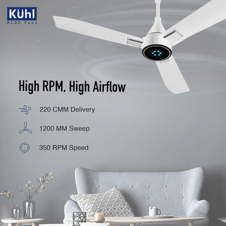 Ceiling fan with Kuhl branding in a room setting, highlighting features.