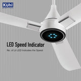 Ceiling fan with LED speed indicator on a gray background, featuring Kuhl branding.