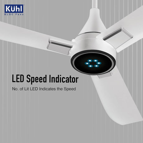Ceiling fan with LED speed indicator on a gray background, featuring Kuhl branding.