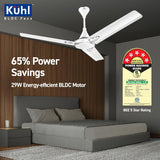 Köhl ceiling fan in a bedroom with power savings and energy efficiency information.