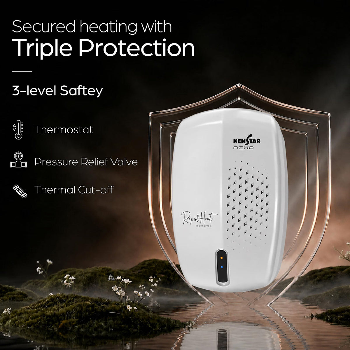 White Kenstar Flexbo heat pump dryer shown inside a transparent shield graphic with marketing text about triple protection and safety features on a dark scenic background.