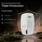 White Kenstar Flexbo heat pump dryer shown inside a transparent shield graphic with marketing text about triple protection and safety features on a dark scenic background.