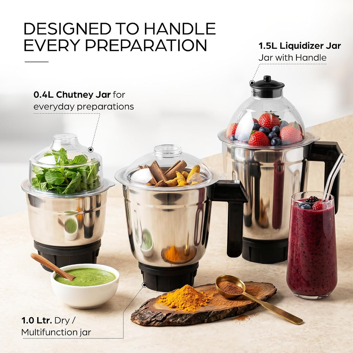 Three countertop blender jars with clear lids and black handles are shown on a light neutral background with food and drink props. Text labels identify a 1.