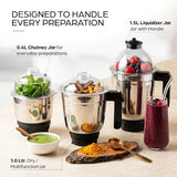 Three countertop blender jars with clear lids and black handles are shown on a light neutral background with food and drink props. Text labels identify a 1.