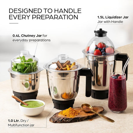 Three countertop blender jars with clear lids and black handles are shown on a light neutral background with food and drink props. Text labels identify a 1.