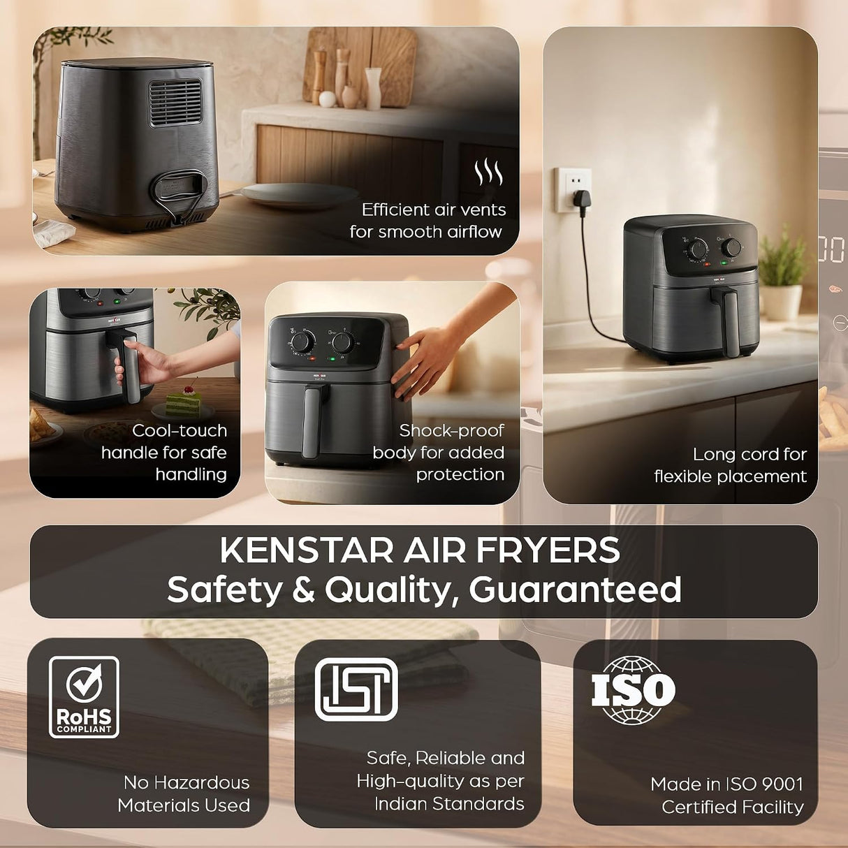 A promotional collage for a Kenstar air fryer showing the appliance in several real kitchen and countertop settings, with feature callouts such as efficient air vents, cool-touch handle, shock-proof body, and long cord. The image also includes certification logos and the text 'KENSTAR AIR FRYERS Safety & Quality, Guaranteed.