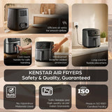 A promotional collage for a Kenstar air fryer showing the appliance in several real kitchen and countertop settings, with feature callouts such as efficient air vents, cool-touch handle, shock-proof body, and long cord. The image also includes certification logos and the text 'KENSTAR AIR FRYERS Safety & Quality, Guaranteed.