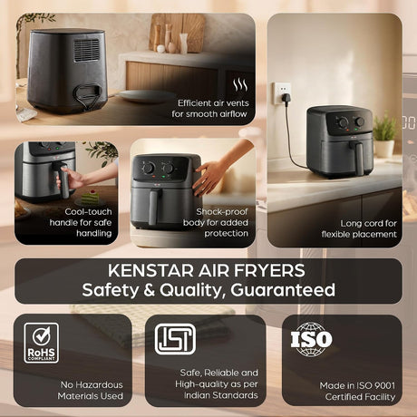 A promotional collage for a Kenstar air fryer showing the appliance in several real kitchen and countertop settings, with feature callouts such as efficient air vents, cool-touch handle, shock-proof body, and long cord. The image also includes certification logos and the text 'KENSTAR AIR FRYERS Safety & Quality, Guaranteed.