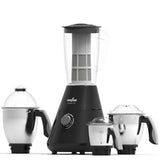 Kingsar Super Pro blender set with a black main base and three stainless steel attachments, including a juicer jar, a small chopper jar, and a mixer jar, on a white background.