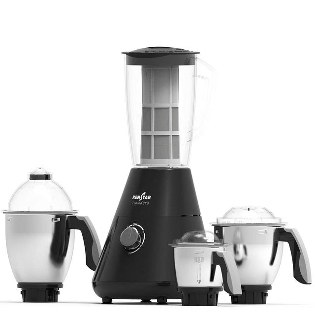 Kingsar Super Pro blender set with a black main base and three stainless steel attachments, including a juicer jar, a small chopper jar, and a mixer jar, on a white background.