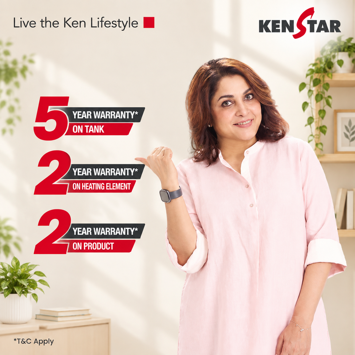 A woman in a light pink kurta stands in a bright indoor setting, pointing toward large warranty text for Ken Star products. The image includes the Ken Star logo and text listing 5-year warranty on tank, 2-year warranty on heating element, and 2-year warranty on product.