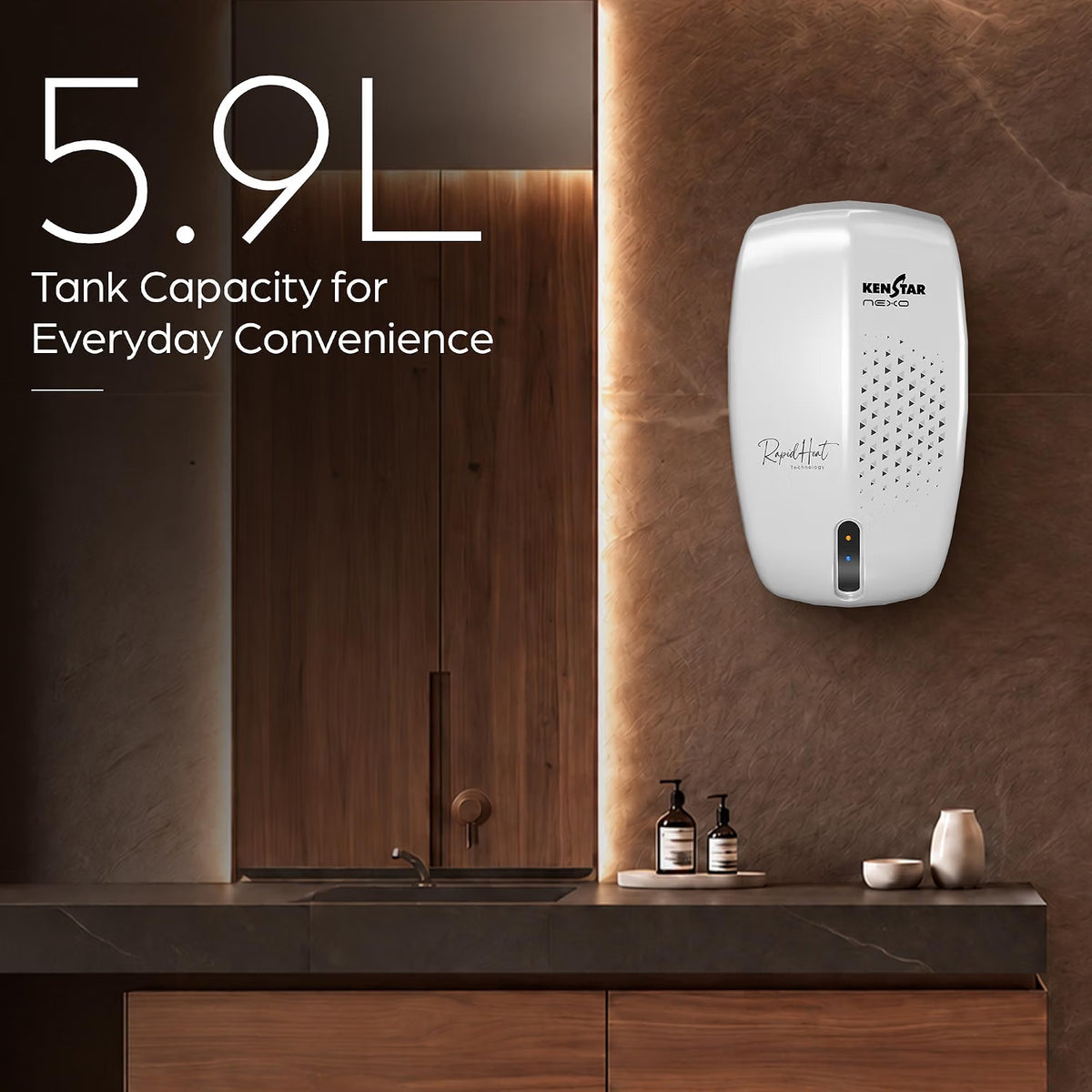 A KenStar wall-mounted dispenser shown installed on a brown stone wall in a bathroom setting, with large text on the left reading '5.9L Tank Capacity for Everyday Convenience'.