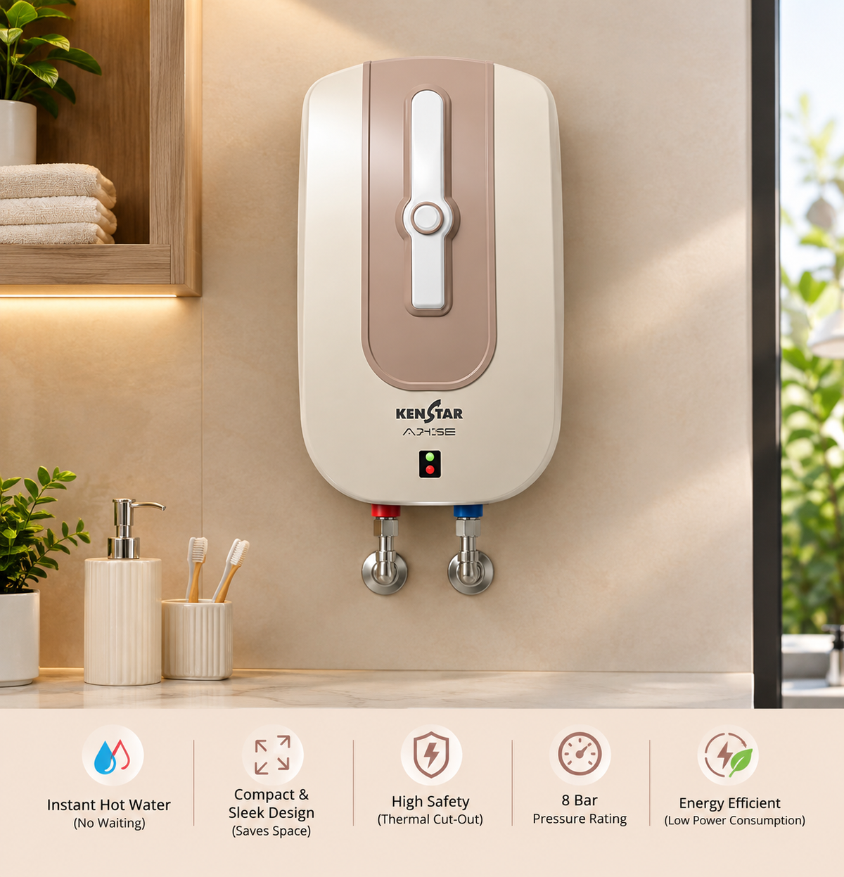 A wall-mounted KENSTAR water heater shown in a bathroom setting, with faucet connections below and a feature-benefit strip along the bottom of the image.