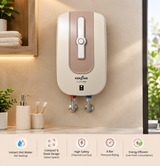 A wall-mounted KENSTAR water heater shown in a bathroom setting, with faucet connections below and a feature-benefit strip along the bottom of the image.