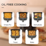 This Air Fryer can be used for oil-free cooking and features Crispy Fryer, Tandoor, Dehydrate, Toast, and Bake.