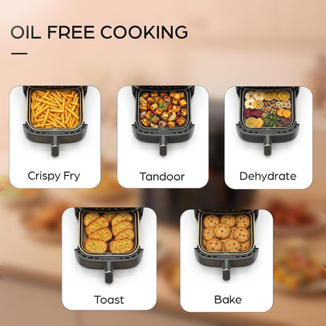 This Air Fryer can be used for oil-free cooking and features Crispy Fryer, Tandoor, Dehydrate, Toast, and Bake.