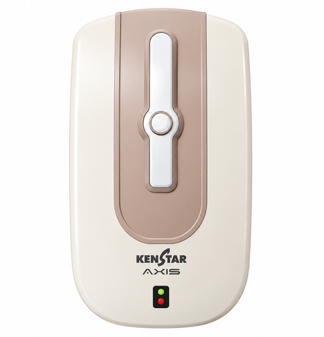 A Kenstar Axis air purifier shown from the front against a solid white background. The device has a cream-colored outer casing with a warm beige vertical accent panel in the center, a white vertical slider, and a small green and red LED indicator light at the bottom.