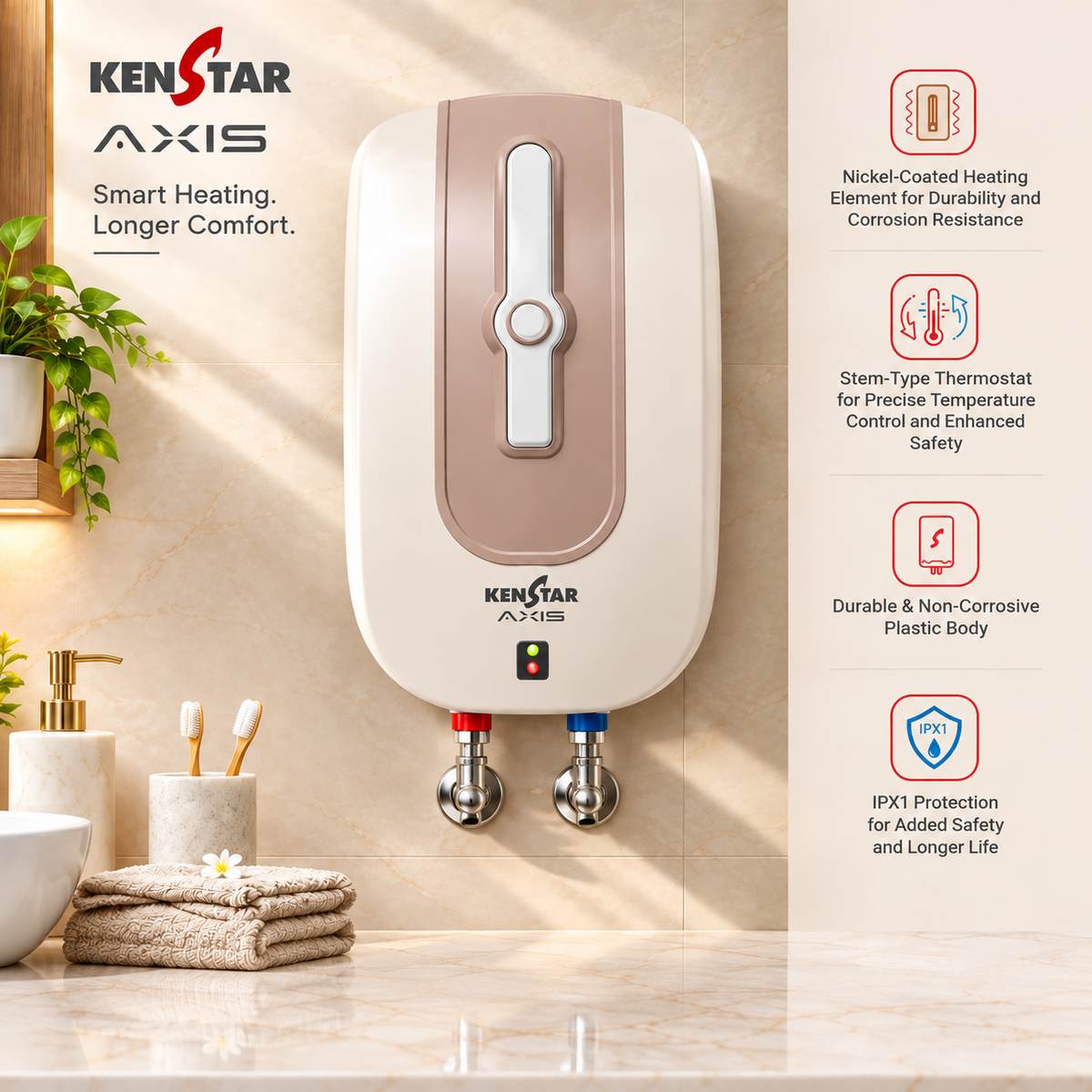 KenStar Axis AX-F108 electric water heater in a bathroom setting, featuring a cream and rose gold body with chrome valves, alongside informational text and icons on the right.