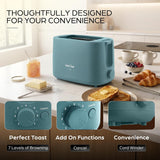 A teal Kemin Tar 2-slice toaster sits on a kitchen countertop with breakfast items around it, including toast, croissants, fruit, butter, and cups. Large text at the top reads 'THOUGHTFULLY DESIGNED FOR YOUR CONVENIENCE,' and three inset feature callouts at the bottom highlight adjustable browning levels, cancel function, and cord winder.